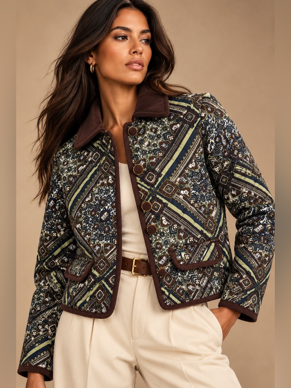 Camila Coelho Quilted Jacket Size M Brown Navy Paisley Equestrian Print Corduroy